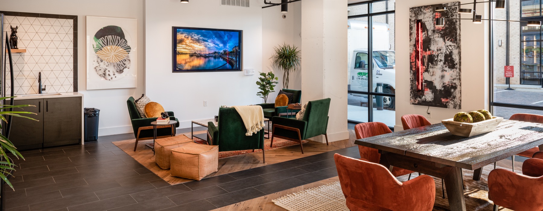 Modern resident lounge and coworking space at The Keswick apartments in Chamblee, Georgia